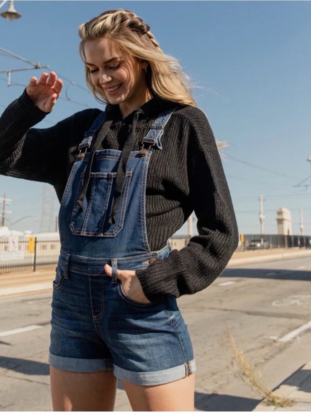 Dark Blue Super stretchy Denim Short Overalls for Women - Classic Casual Style